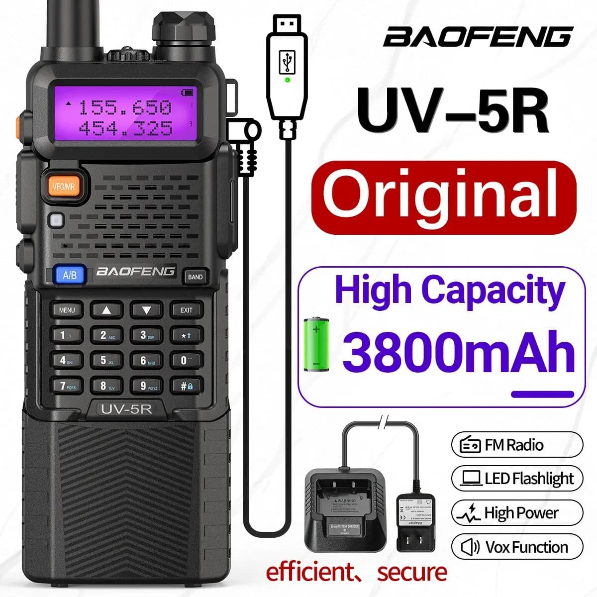 Baofeng UV 5R 3800mAh Walkie Talkie Caricatore USB a lungo raggio UHF VHF Dual Band Ricetrasmettitore radio bidirezionale Radioamatori per UV K5