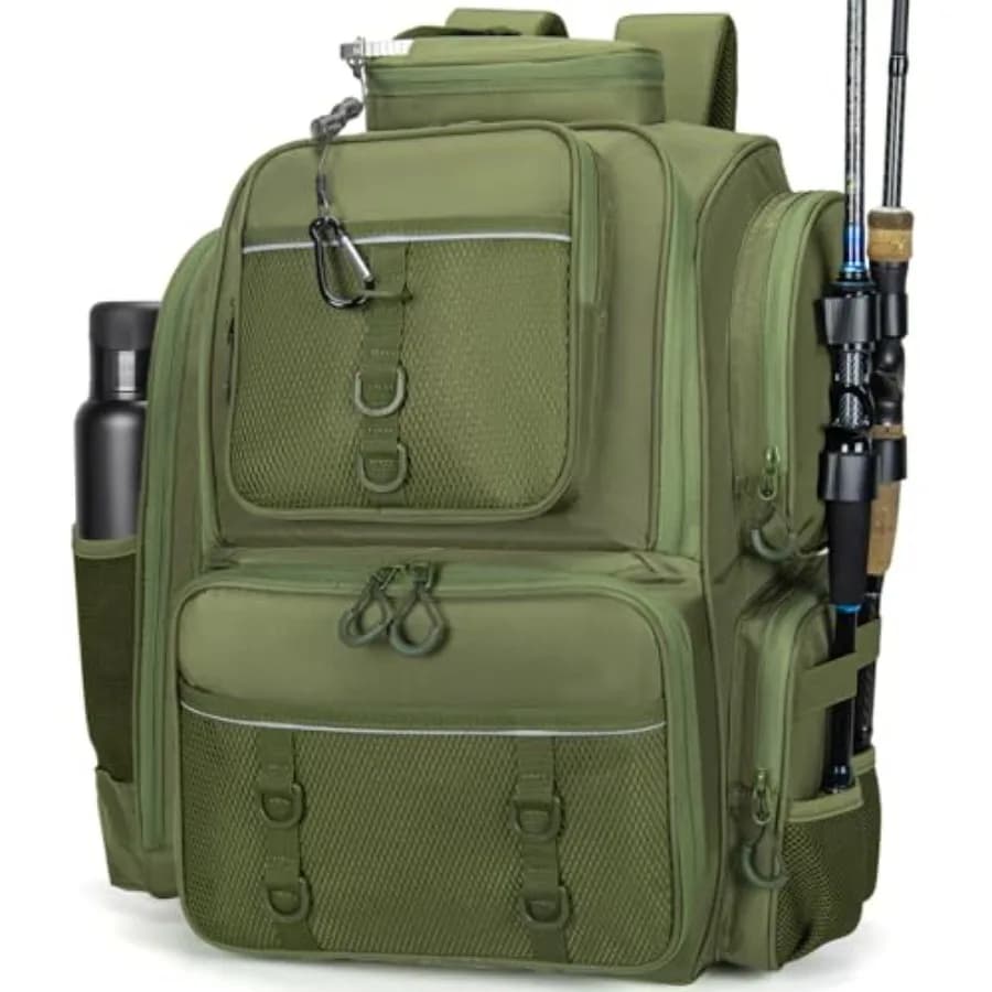 Zaino da Pesca 42L con Portacanne, Borsa Grande per Attrezzatura, Materiali Robusti, Nero, Attrezzatura Outdoor Durevole per Pescatori