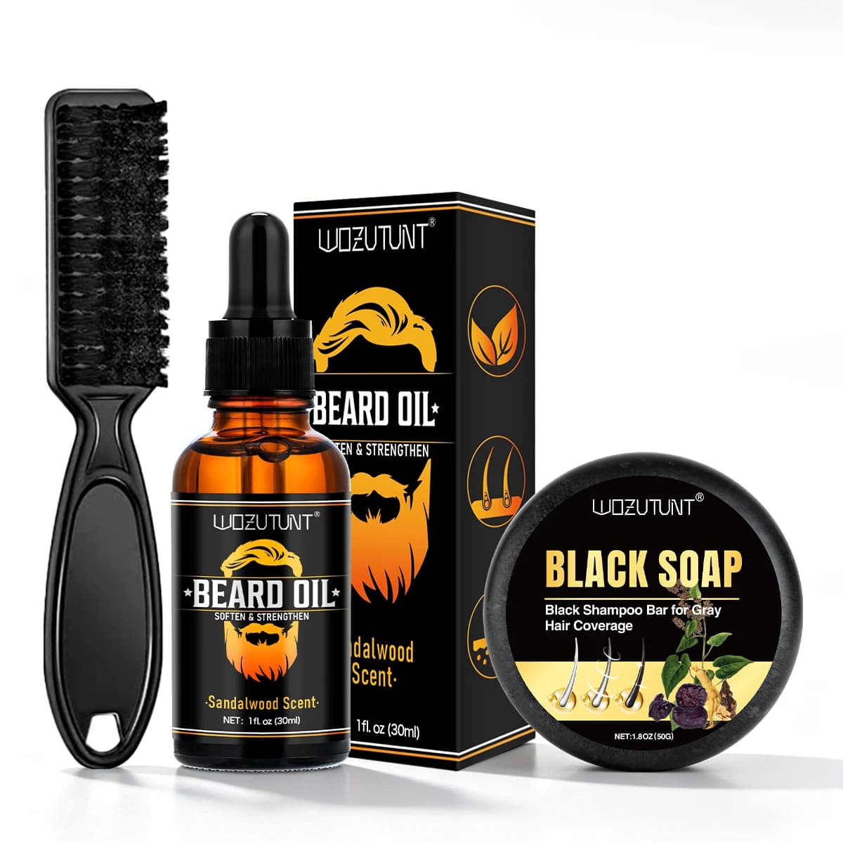 Hydrating and Detergent Kit for Men's Barba, Nutrient Balm and Smooth for Face Peles, Natural Progressive Shampoo and Black Flavour for Hair