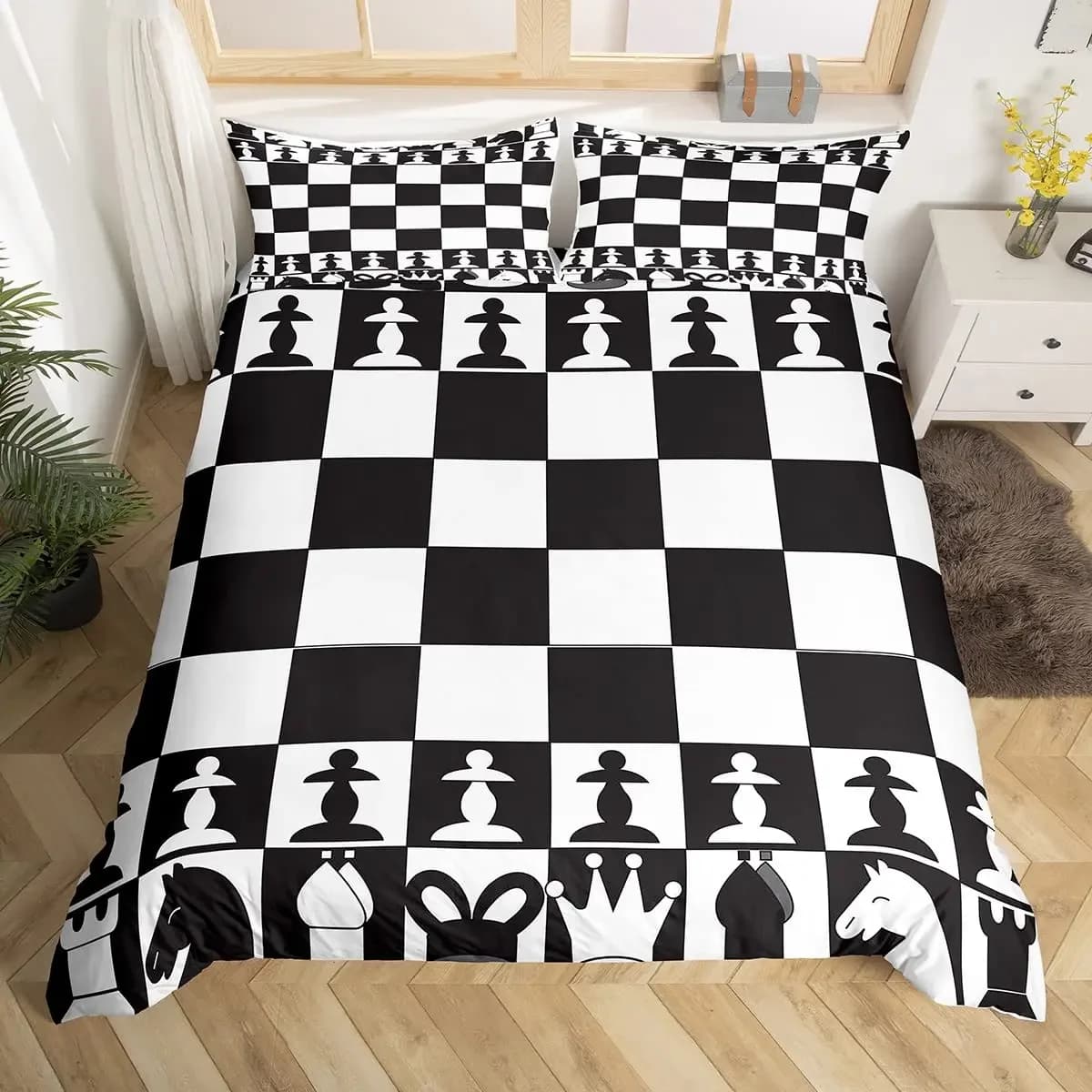 Set of bed linen in Scottish buffalo squares Sports games for chess cupboard with 2 pillowcases