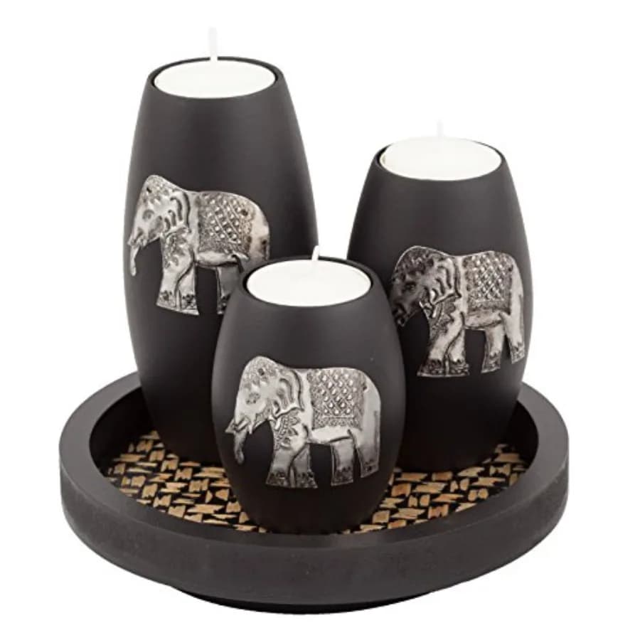 Set di 3 Portacandele a Forma di Elefante in Legno Fatto a Mano con Vassoio, Decorazione Rustica Nera per la Casa, Centrotavola Accogliente per le Feste