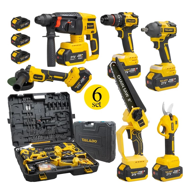 Set di elettroutensili 20V 6-in-1 per cantiere: trapano, motosega, smerigliatrice angolare, cesoia per potatura, martello, kit combinato senza fili.