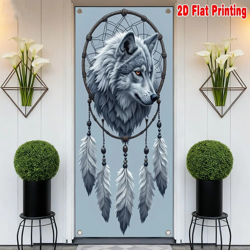 2D Flat 1pc Door Banner Wolf Dreamcatcher Portrait Polyester Perfect for Decor for Bedroom Living Room Dining Room storage room