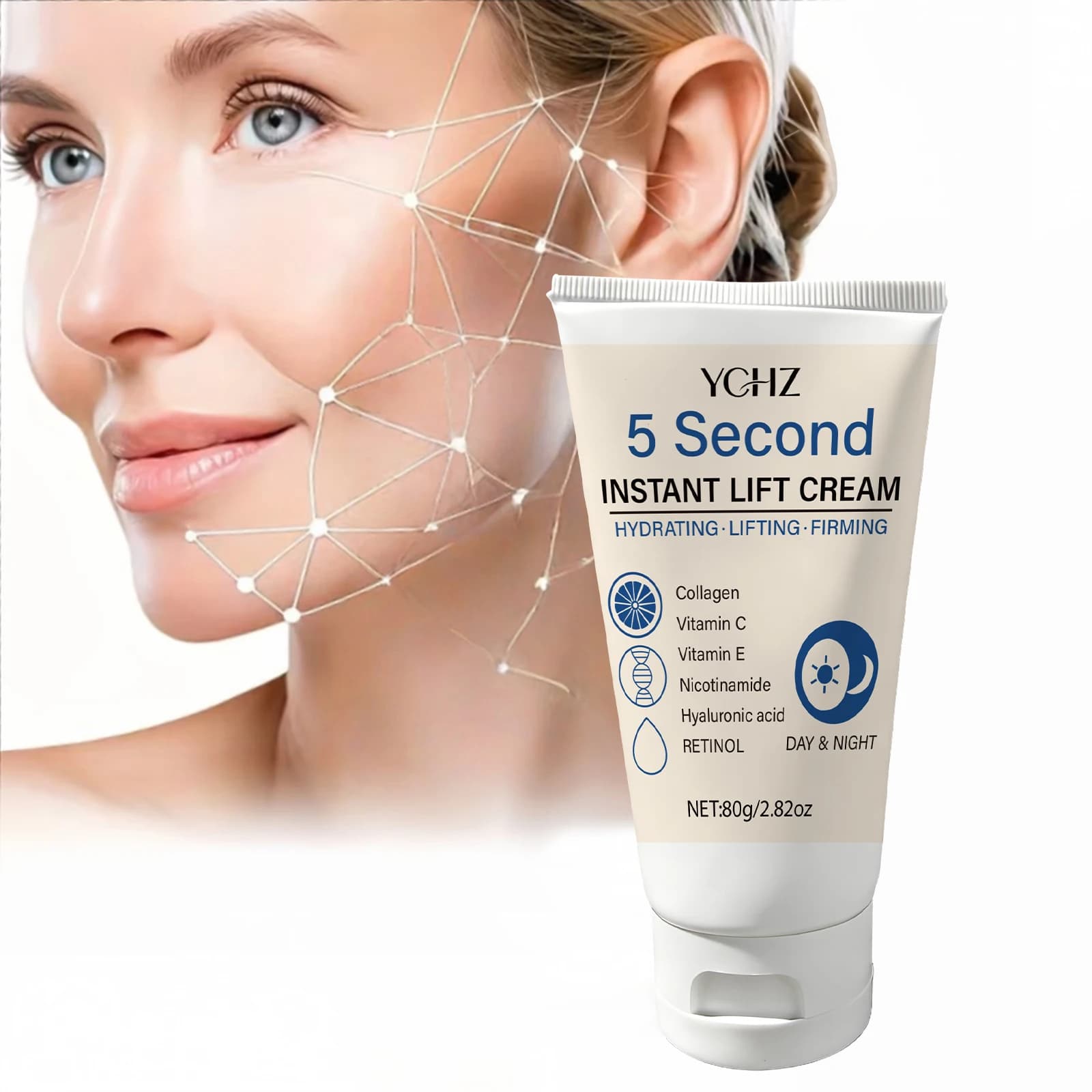 Face cream lifter and instantaneous firming in 5 seconds - Rich in hyaluronic acid and vitamin C - Hydrate and nourishes quickly - Rassoda skin - It absorbs quickly in 5 seconds