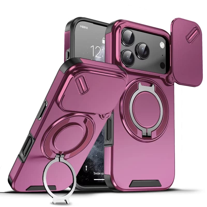 360 ° Metal Rotating Car Holder Ring Soft TPU+Hard PC Armored Phone Case for iPhone 18 17 Pro Max Push Window Protection Lens Bumper Back Cover Not for Magsafe