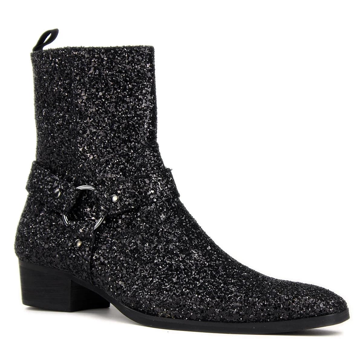 Stivali eleganti in denim con cerniera slim fit in vera pelle nera glitterata da uomo con punta pionted personalizzata fatta a mano