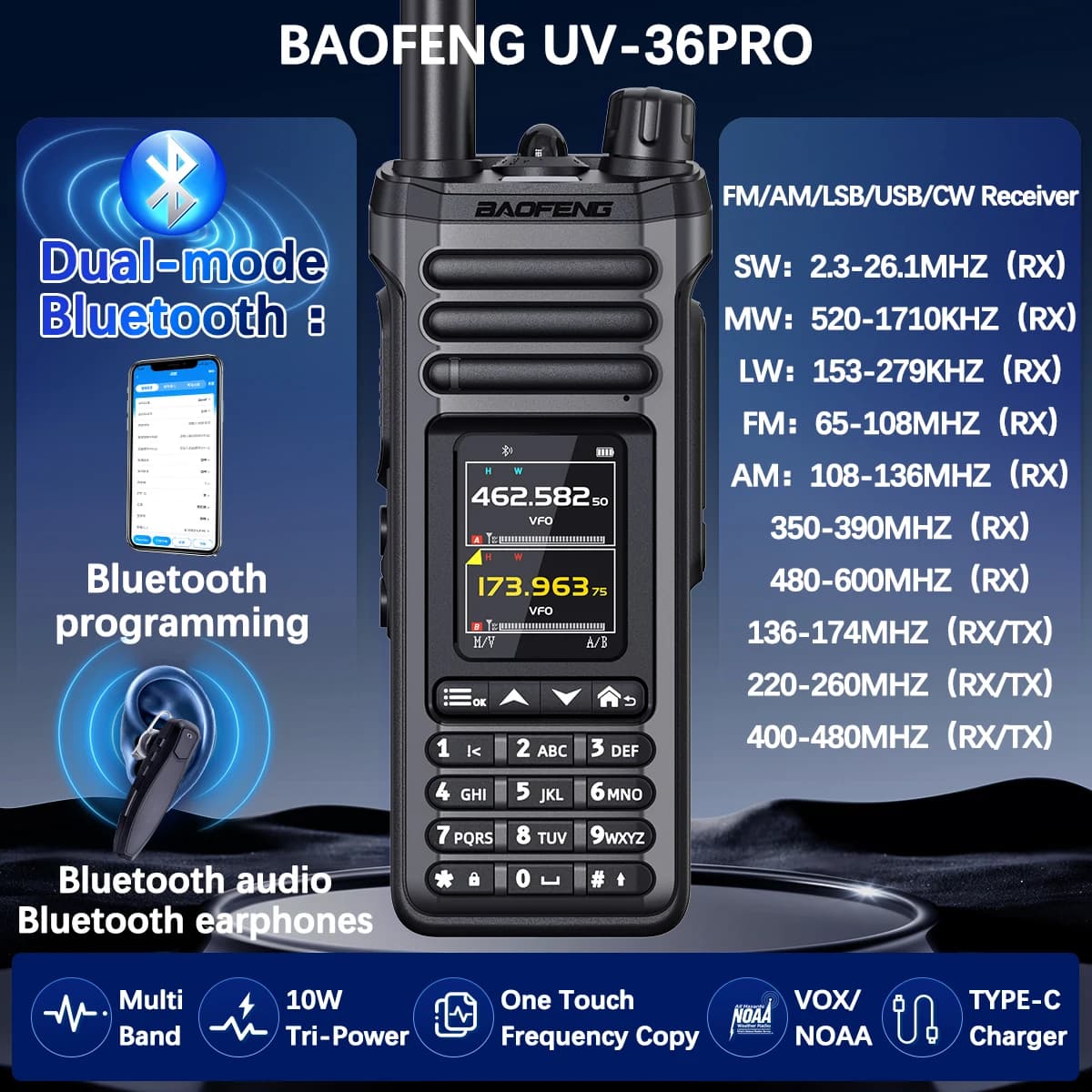 Baofeng UV-36PRO Walkie Talkie 10W Bluetooth Audio&Programming Si4732 Multi-Band AM/FM Long Range Upgraded UV-32 Ham Radio