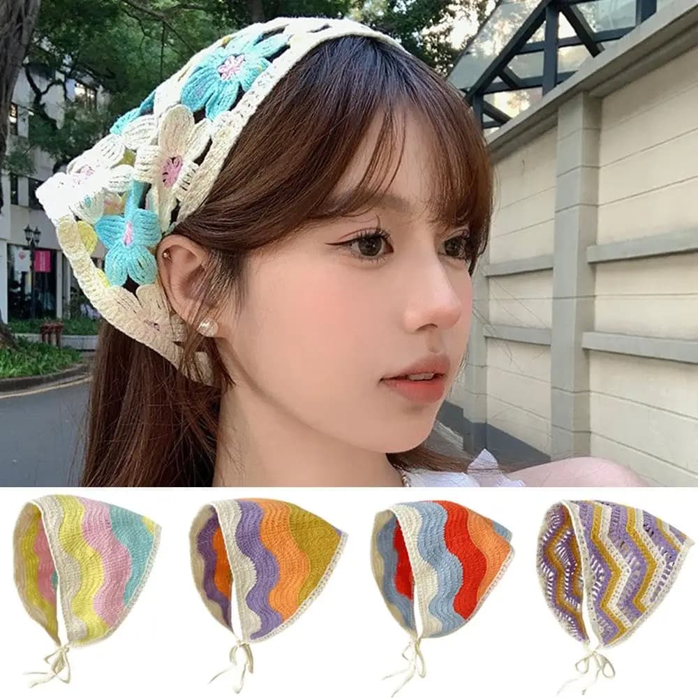 Asciugamano per capelli coreano fatto a mano all'uncinetto a triangolo, stile pastorale, onda, pizzo, foulard, estate, viaggio, foto, sciarpa per capelli