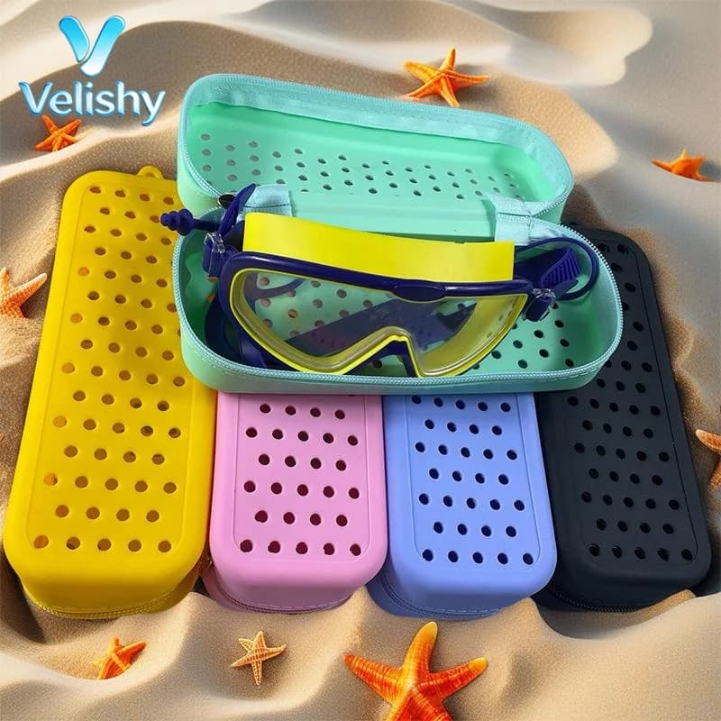 Soft Touch Silicone Swim Goggle Storage Case Perforated Breathable Waterproof Eyeglass Pouch for Beach Camping Swimming
