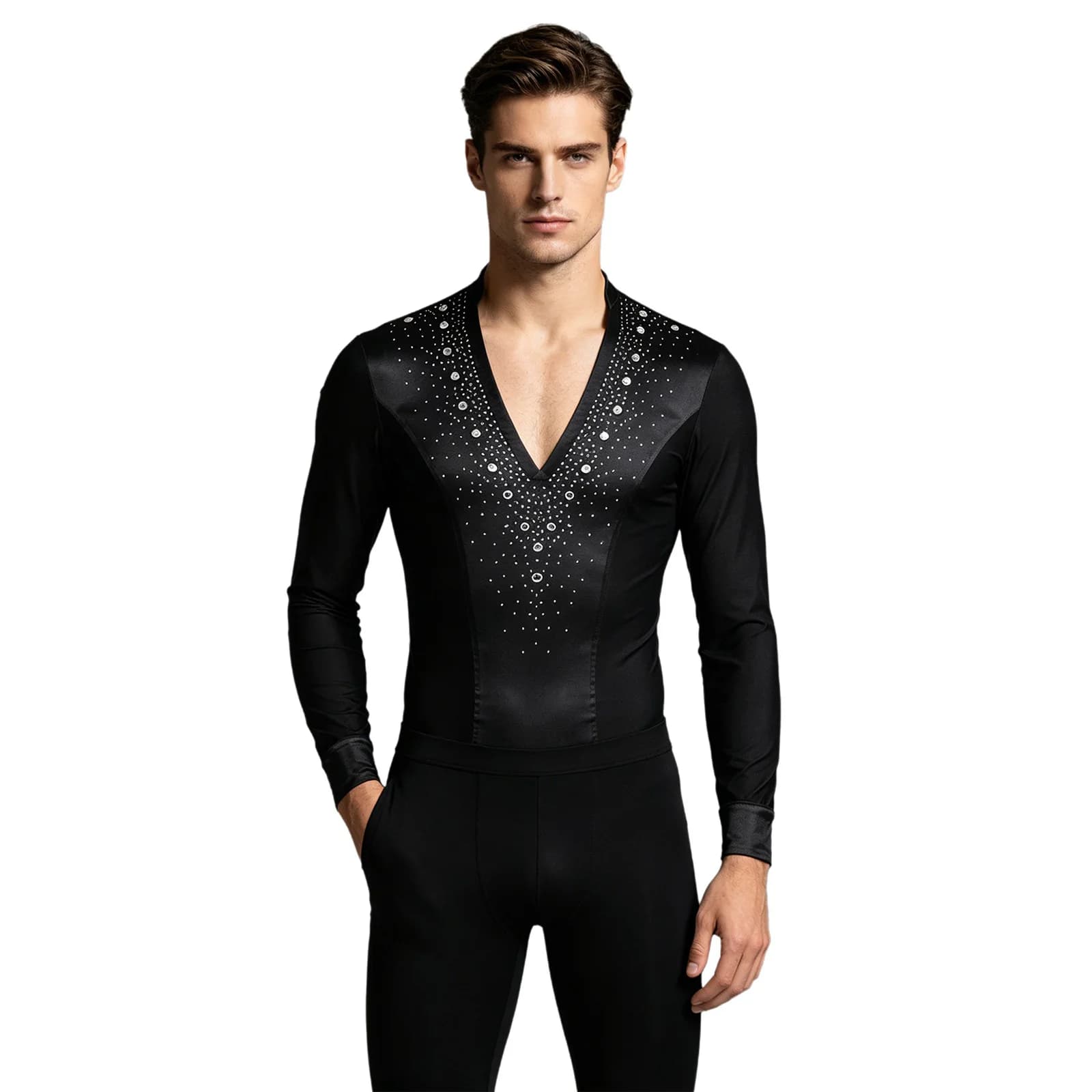 Camicia da body da ballo latino jazz da uomo Camicia da body Top con strass scintillanti Ginnastica Pattinaggio di figura Sala da ballo Costume Chacha