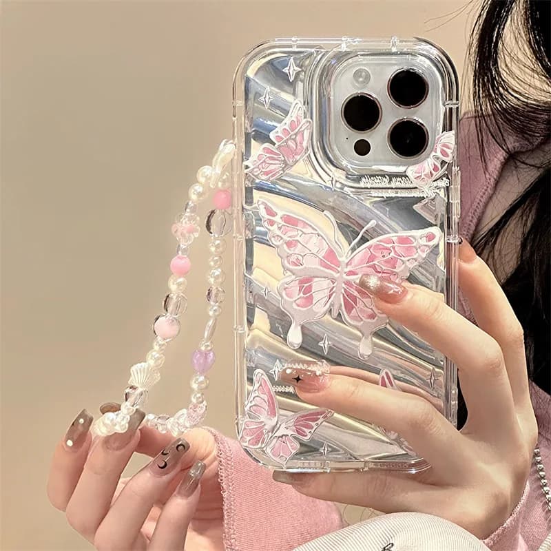 Korean 3D Butterfly Bracelet Chain Case For iPhone 16 Pro Max 15 14 13 12 11 Pro Cover Funda Aurora Gradient Laser With Lanyard