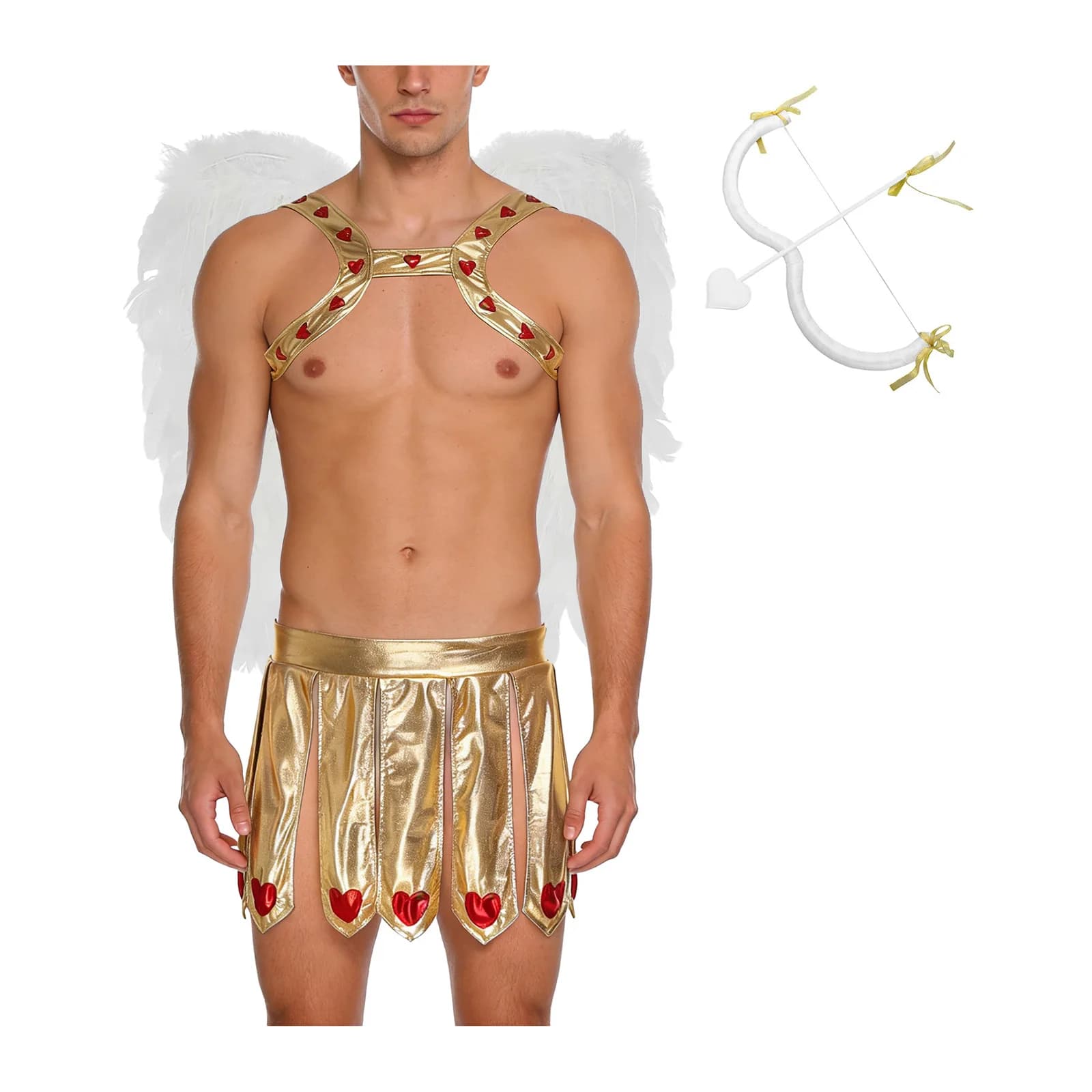 Costume da Cupido Dio dell'Amore per Uomo, Halloween, Carnevale, San Valentino, con Stampa Metallica a Cuore, Imbracatura sul Petto, Gonna con Spacco, Arco e Frecce, Ali