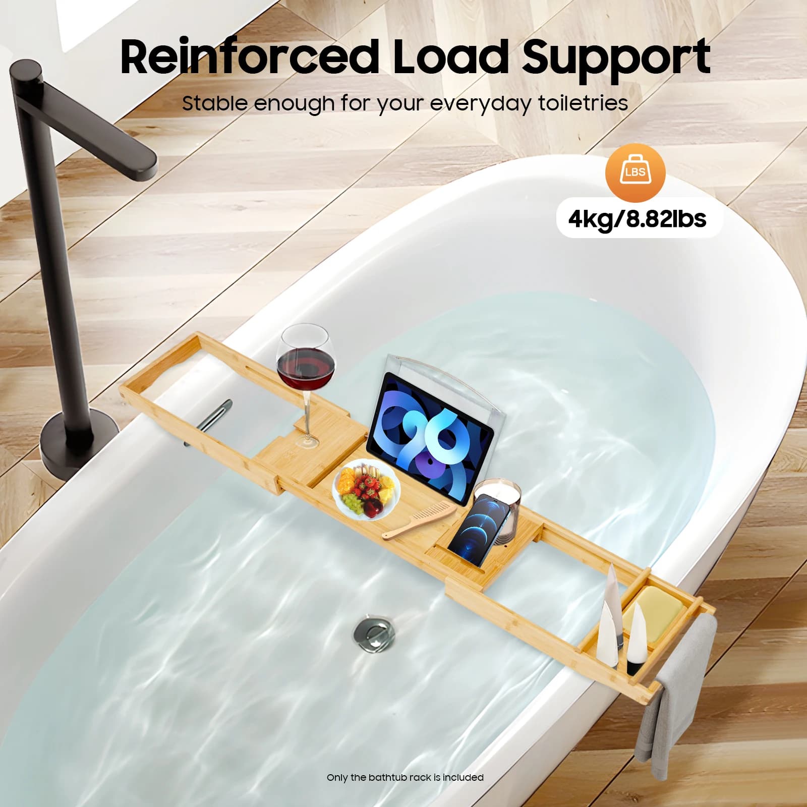 Expandable bamboo bath tray Bathroom tray with reading shelves or tablet holder, premium bath tray includes wine glass support