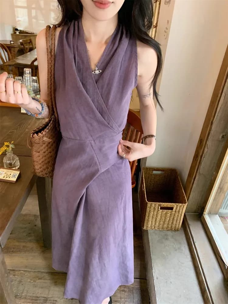 Elegant Purple Halter Lace Up Bodycon Midi Dress Women Sexy Sleeveless Robes Chic Summer Lady Party Dresses