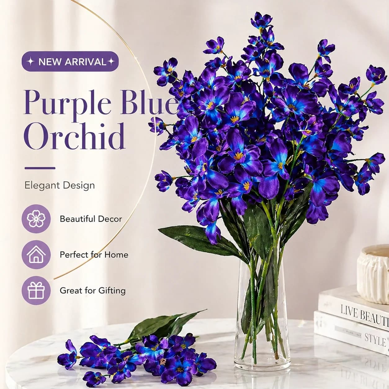 5 Pezzi di Orchidee Artificiali Blu-Viola da 27 Pollici per Bouquet da Matrimonio, Decorazione Casa e Ristorante
