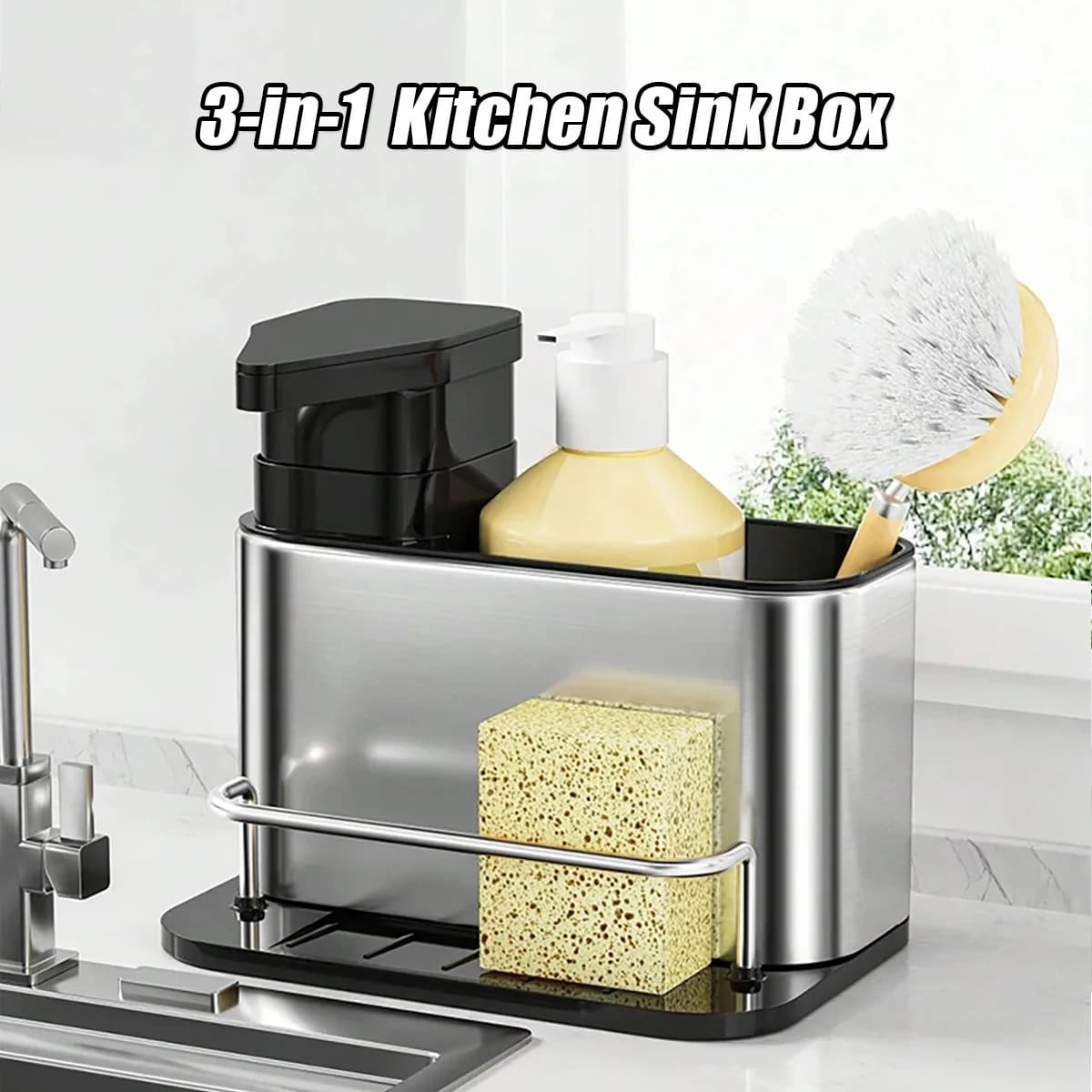 Dispenser di sapone da cucina 3 in 1 in acciaio inossidabile Porta spugna Organizzatore di posate Vassoio per lavello Scolapiatti antiruggine