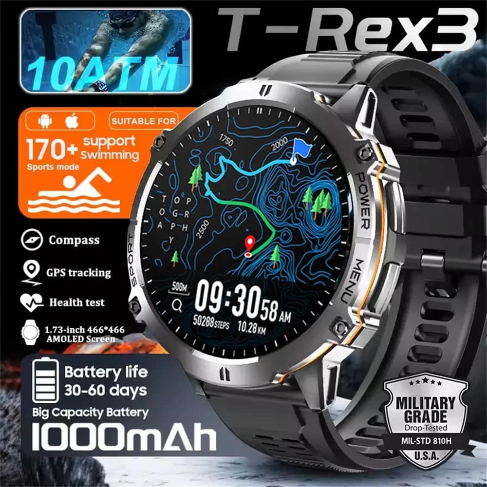 Smartwatch Militare da Uomo T REX 3 con Display AMOLED da 1,73", Bussola, Chiamate BT, Impermeabile 1ATM, Orologio Sportivo da Polso per Uomo, Compatibile con iOS e Android 2026