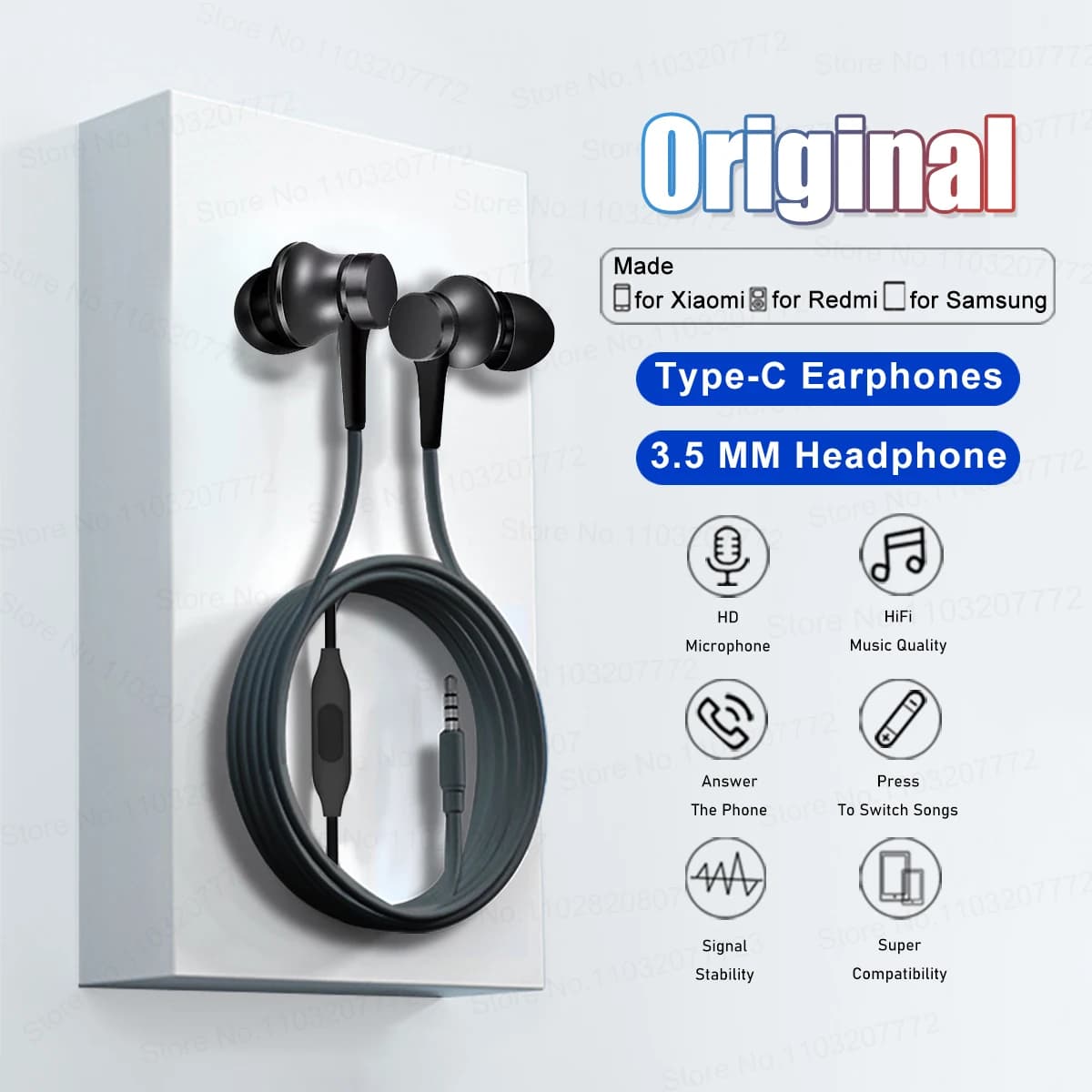 Original Wired Piston Earphones 3.5 MM In-ear Headphones Type C with Mic Headset For Xiaomi Redmi Samsung Google Oneplus Phone