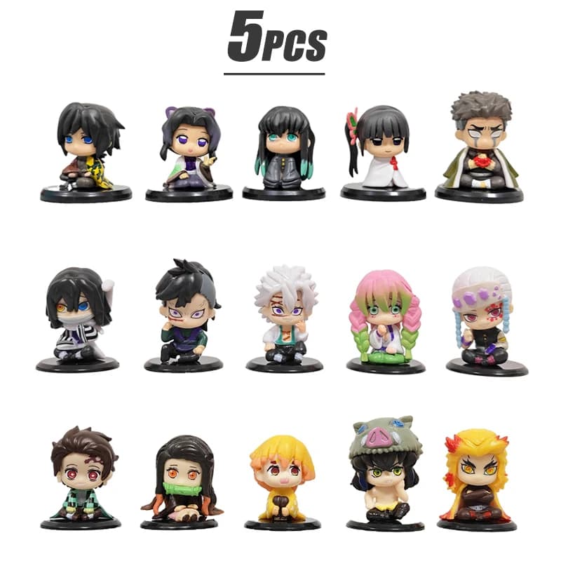 Set di 5 Statuette in Versione Q di Demon Slayer: Tanjiro, Nezuko, Inosuke, Zenitsu, Mini Action Figure, Modellini di Personaggi Anime, Giocattoli da Collezione