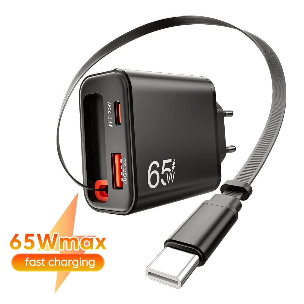 USB 65W Charger With Retractable Super Fast Charging Type C Cable For iPhone 17 16 POCO Xiaomi QC3.0 USB PD Wall Charger Adapter