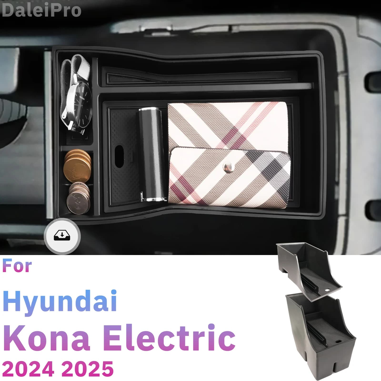 Organizzatore per console centrale a doppio strato Scatola portaoggetti per bracciolo per auto Combinazione di accessori per scatole di immagazzinaggio doppie per Kona EV 2024 2025