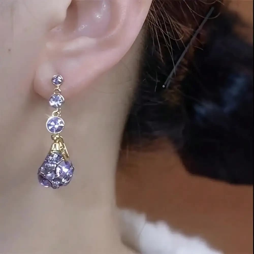 1 paio di orecchini pendenti con cristalli viola placcati in oro, orecchini pendenti da donna, gioielli alla moda per matrimoni e feste, regalo per lei