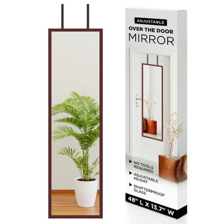 Over The Door Mirror Full Length 13.7" x 48" Wood Frame Bathroom Mirror, Body Mirror Full Length, Shatterproof Full Body Mirror for Door (Cherry)