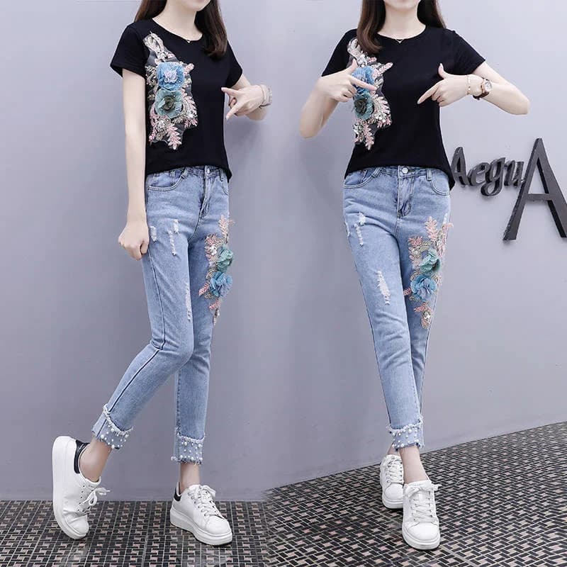 One Piece/Suit Female 2025 Summer New Heavy Industry Bead Embroidery Short Sleeves Women Small Feet Ripped Jeans Two-Piece Sets