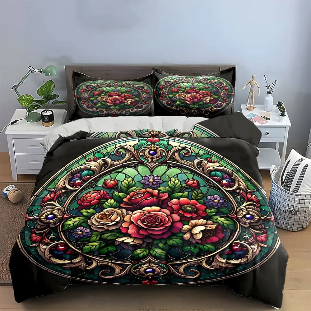 Set di biancheria da letto con decorazioni floreali, con 1 copripiumino e 2 federe, singolo, matrimoniale, king, queen, regalo