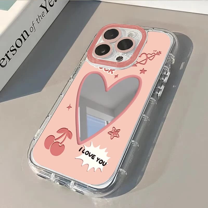 Custodia per telefono con specchio e cuscino d'aria a forma di cuore rosa ciliegia per iPhone 17 15 14 16 Pro Max 13 12 11 Pro XR XS 8 Plus 17Air Girl Cover