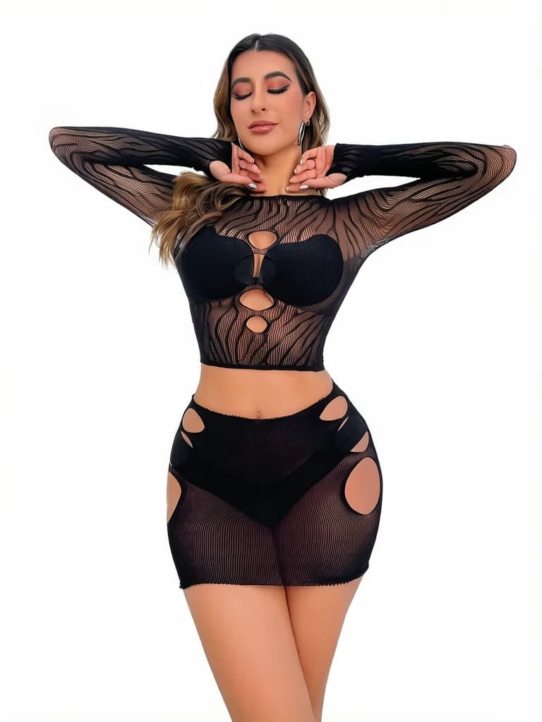 High Elastic Cutout Mesh Two Piece Outfit, Long Sleeve Crop Top & Mini Skirt Set, Sheer Beach Cover Up, No Bikini Included