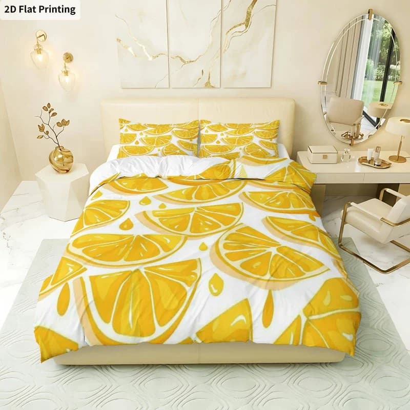 Set Copripiumino 3 Pezzi (1 Piumino + 2 Federe) Senza Imbottitura, Tema Limoni Estivi Freschi, Biancheria da Letto Estiva con Accenti Gialli