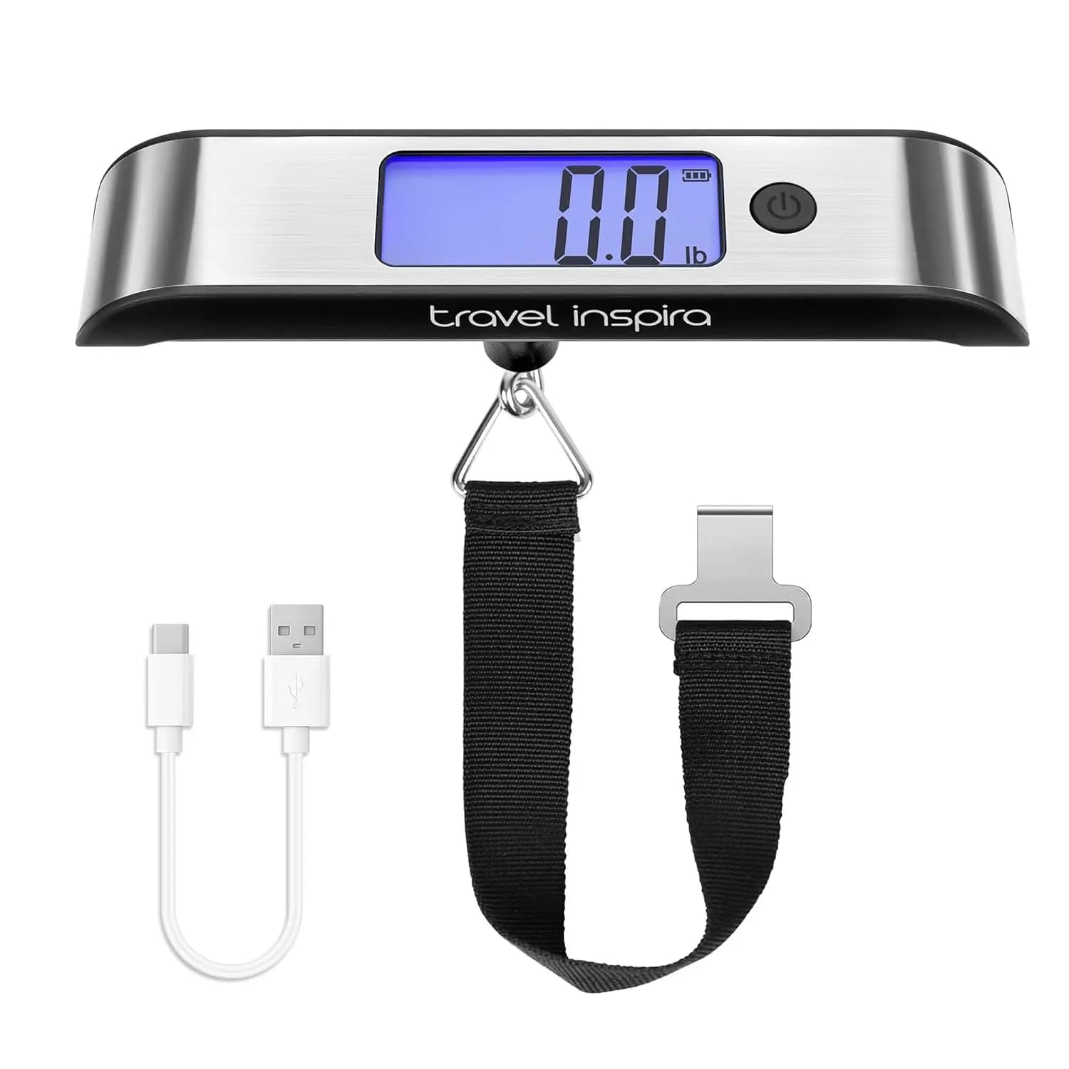 Bilancia per Bagagli Ricaricabile 110lb/50kg con Ampio Display Retroilluminato, Acciaio Inossidabile, Ricarica USB-C per Valigie e Borse