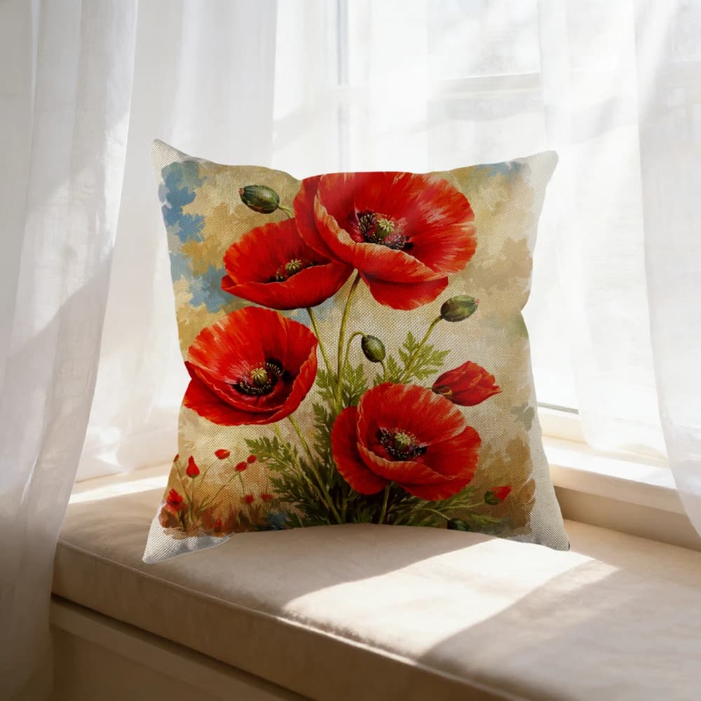 Decorative cushion with red floral print of poppy flowers with green leaves and seeds for living room and bedroom