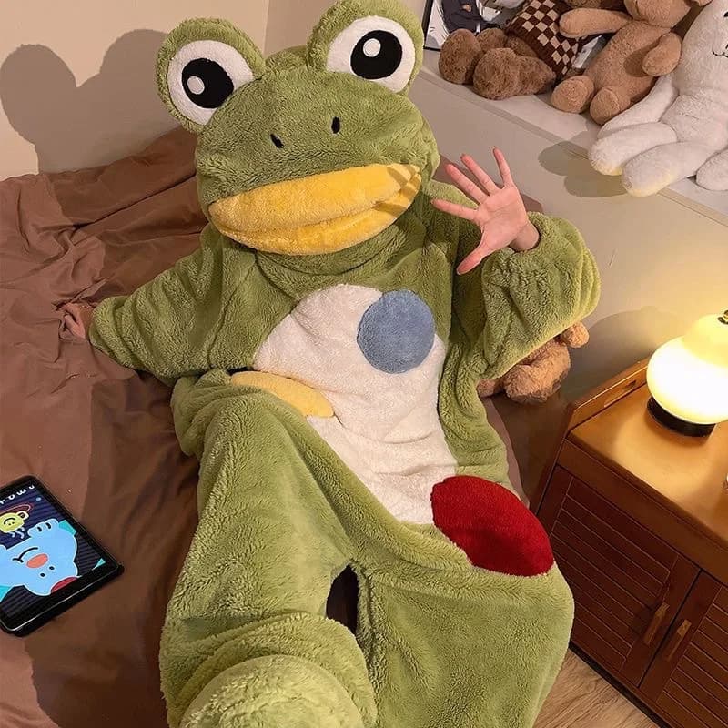 Frog Onesies Pajamas Cute Funny Cartoon Thickened Warm Coral Fleece Winter Loungewear For Women Wearable Outdoor Sleepwear