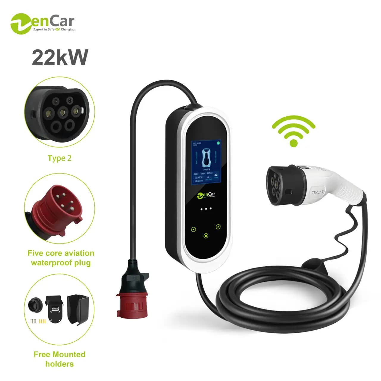 TUV 32A Portable EV Charger 22kW EVSE Type 2 Plug 3 Phase IP66 WiFi APP Smart Home Charging Station With Holders