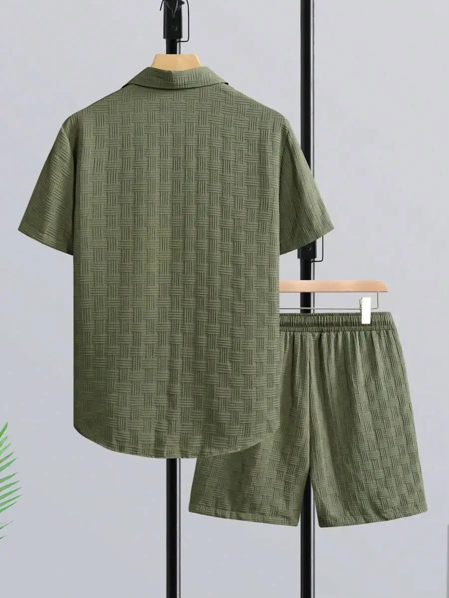 Genlund Men's Mature Vacation Short Sleeve Shirt Set, Men Striped Shirt & Drawstring Waist Shorts Without Tee, Linen, Vacation