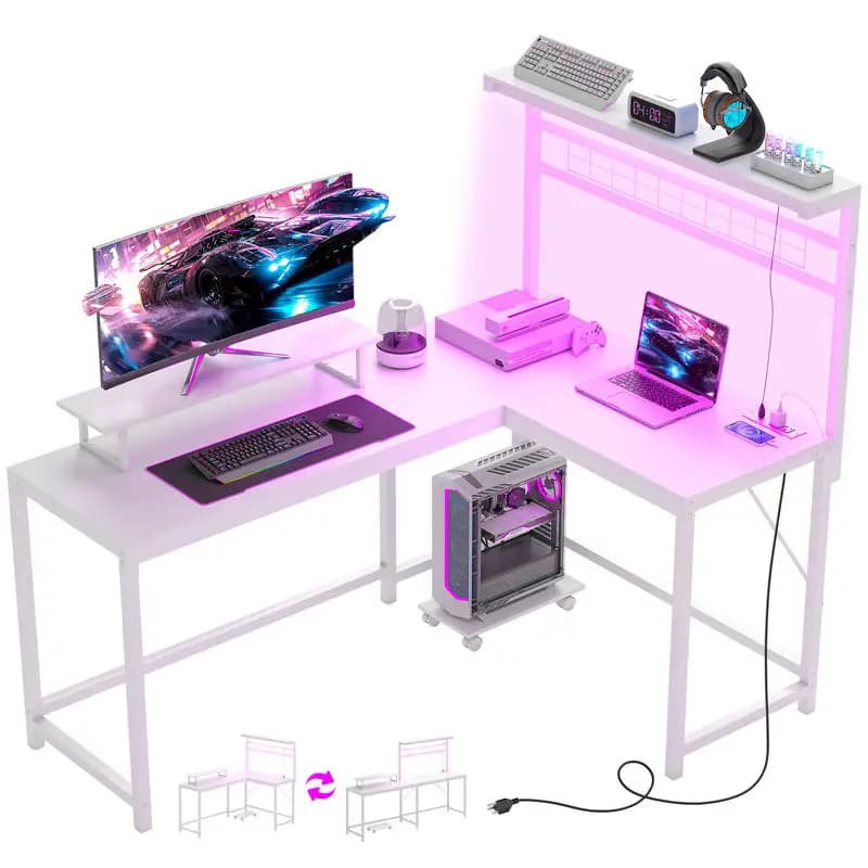 Scrivania da Gaming a L da 156 cm con Prese di Corrente e Luci LED, Scrivania per Computer con Supporto Monitor e Ripiano CPU, Bianca