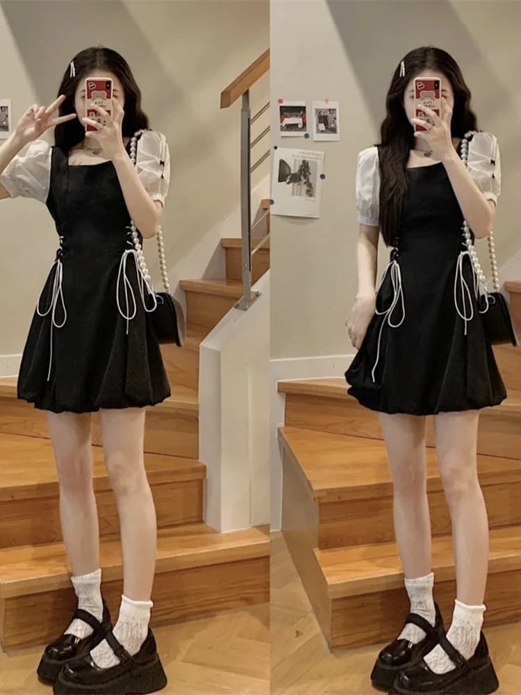Summer Women's Sweet And Spicy Short Skirt Waist Cinching Tea Break Childhood Memory Dress High Waist A-Line Silhouette