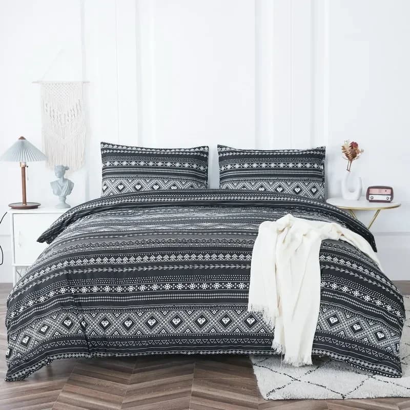 Set copripiumino Bohon Paisley Set di biancheria da letto in poliestere con stampa bianca nera 3 pezzi Federa di lusso Set di biancheria da letto Queen e King Size