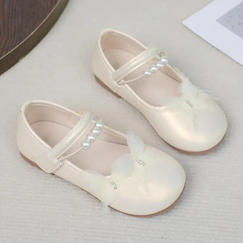 Elegante catena di perle cinturino in velcro scarpe da balletto ragazza 2025 autunno punta tonda tacco piatto scarpe Mary Jane scarpe da principessa farfalla in rete