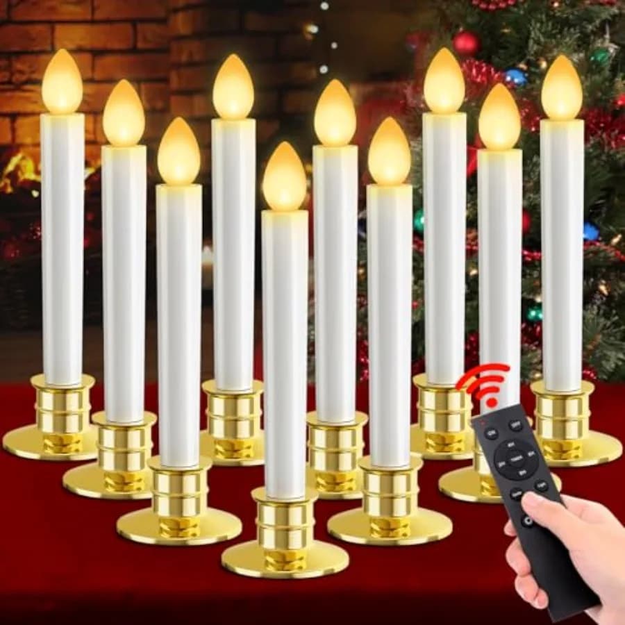 Set di 10 Candele Natalizie da Finestra Senza Fiamma, a Batteria, con Telecomando, Timer e Supporti, Candele LED
