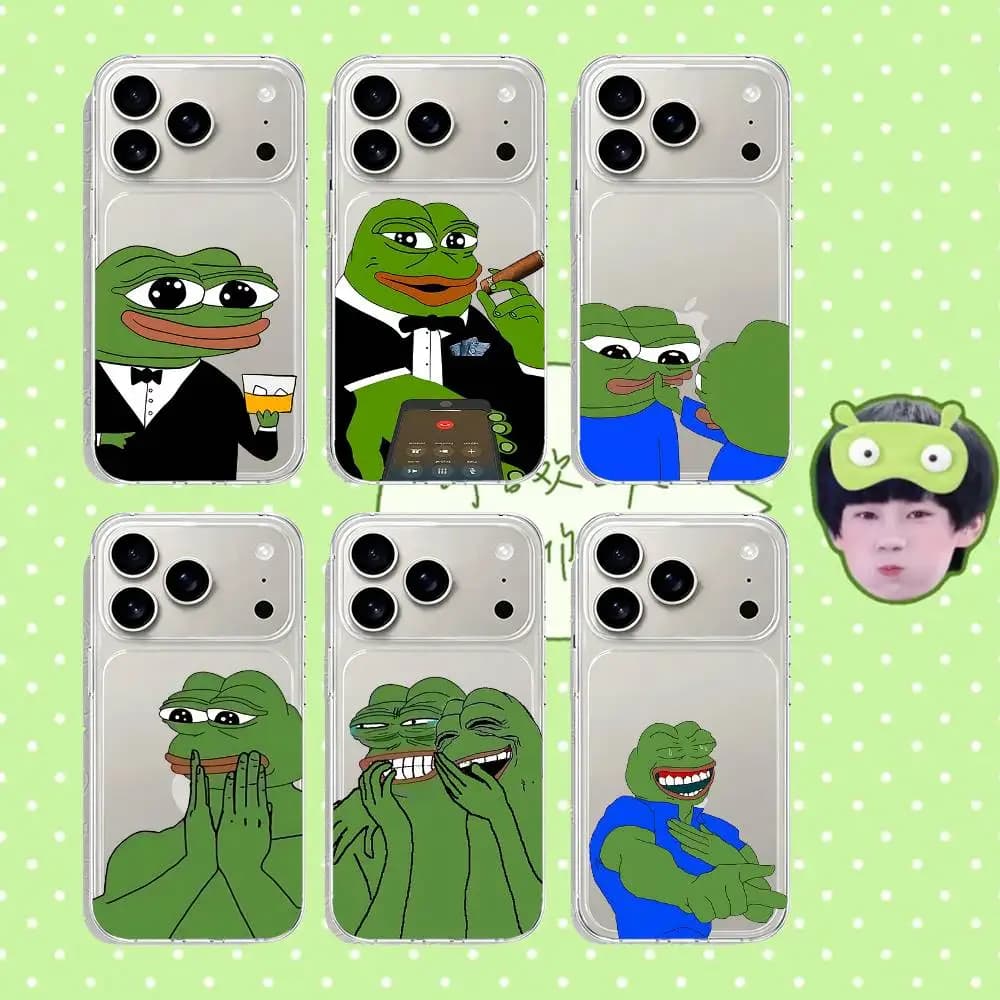 Divertente Cover per iPhone con Cartone Animato P-Pepe The Frog, Trasparente Antiurto per iPhone 17 16 15 14 Plus 13 12 11 Pro Max