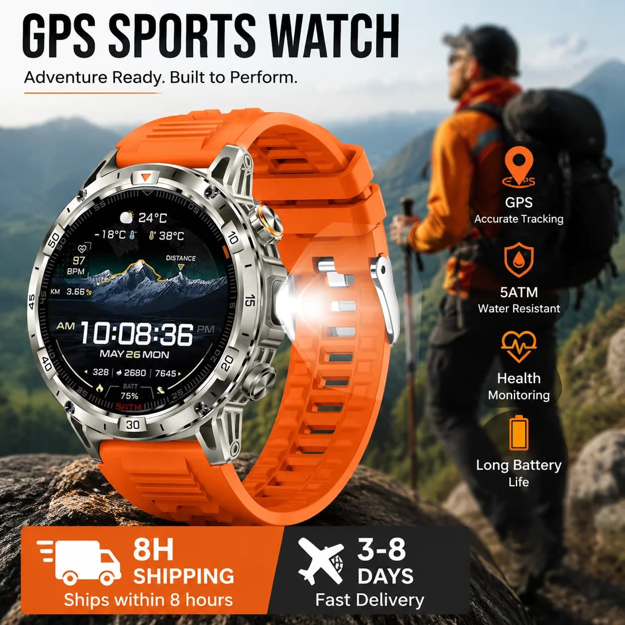 2026 New GPS Smartwatch Men AMOLED Screen Military Watch Larger1100mAh Battery SmartWatch Bt Call IP69Waterproof Flashlight Ht22
