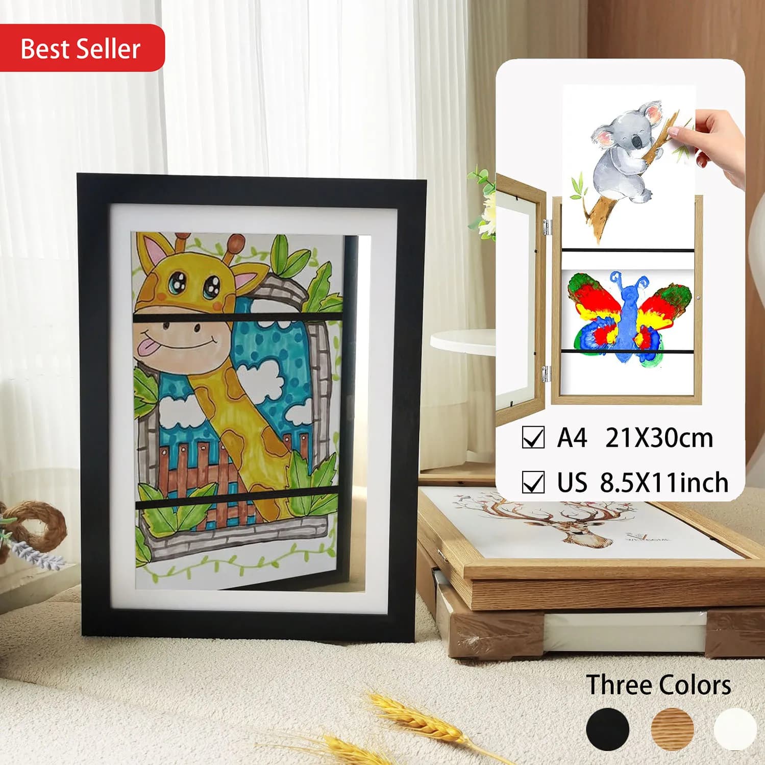 Cornici artistiche per bambini Cornice magnetica in legno aperta frontale variabile per bambini per foto Disegni Dipinti Immagini Display Decorazioni per la casa