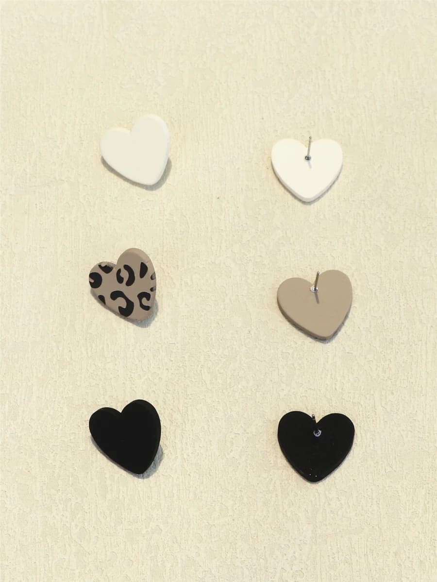 3 paia di orecchini in acrilico a forma di cuore, beige, leopardato, nero, gioielli minimalisti alla moda per le donne
