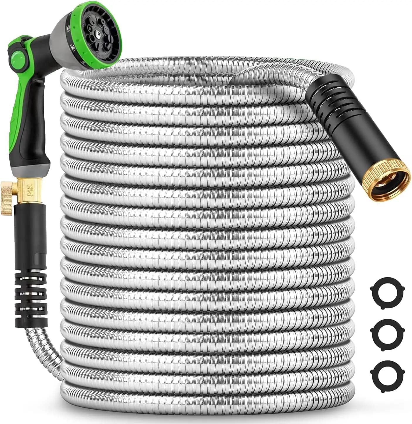 200-foot metal garden hose, durable, stainless steel, flexible and lightweight, folding and knotting resistant.