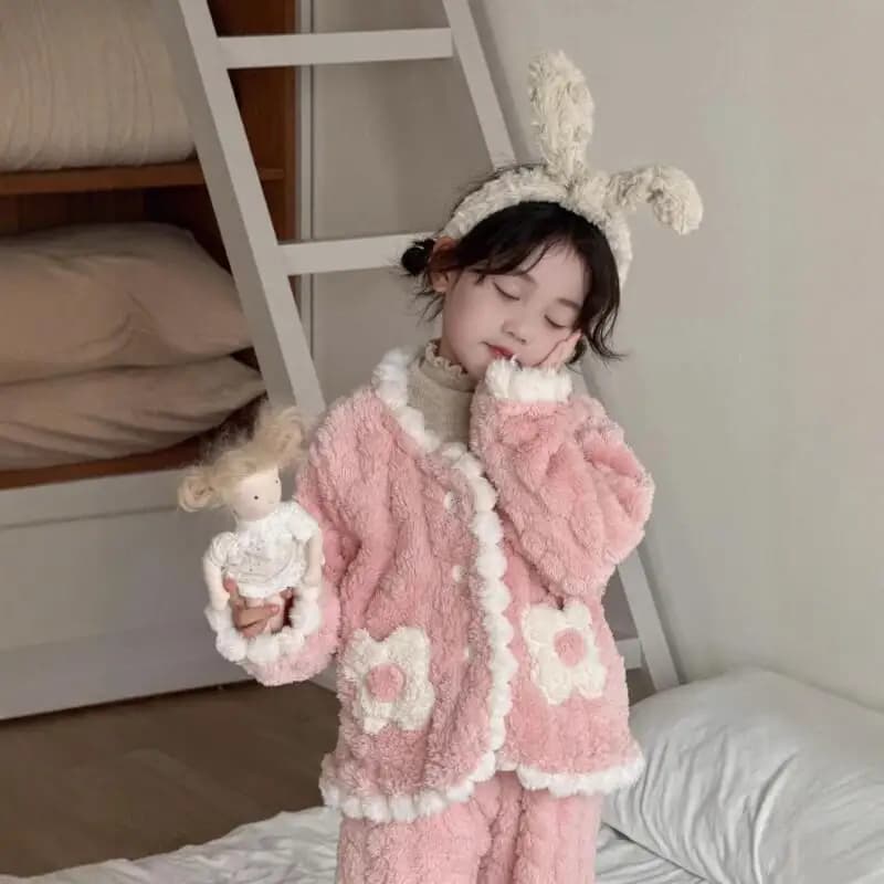 Set Coordinato Madre Figlia, Pigiama Invernale con Cardigan in Pizzo Foderato in Pile, Outfit Caldo e Spesso per Bambini