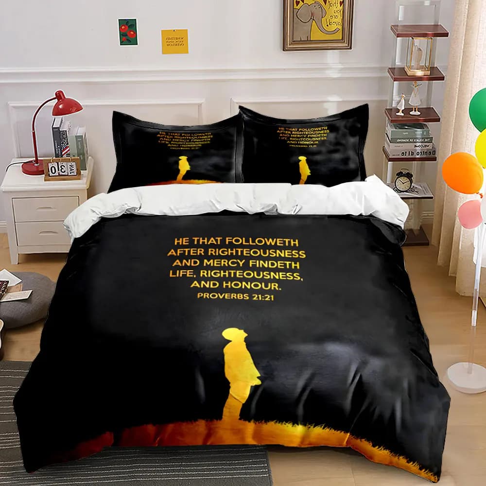 Set di Biancheria da Letto con Versetti Biblici Cristiani, 3 Pezzi, Stampa Proverbi 21:21 "Giustizia e Misericordia", Copripiumino, Decorazione Religiosa
