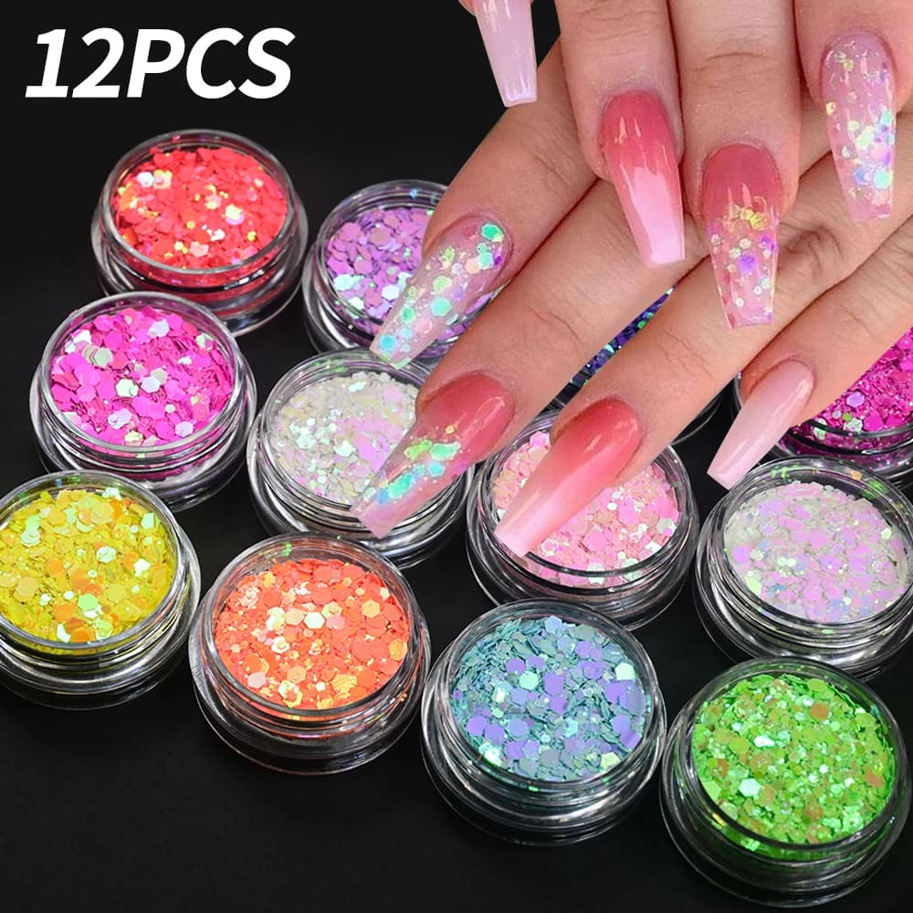 12 pezzi iridescenti nail art glitter paillettes mix olografico esagono grosso scaglie fai da te gel smalto artigianato manicure decorazioni in polvere